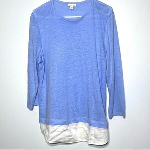 J.Jill Love Linen Tunic Top Women's M Blue White 3/4 Sleeve Button Accent Soft